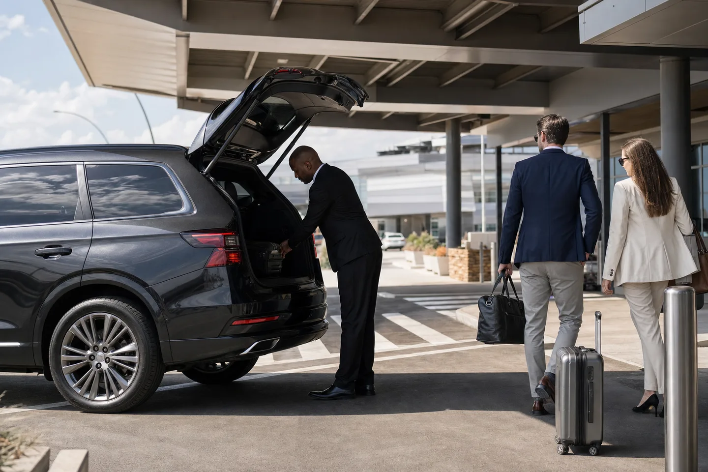 A professional driver assisting travellers beside an executive vehicle in Namibia.